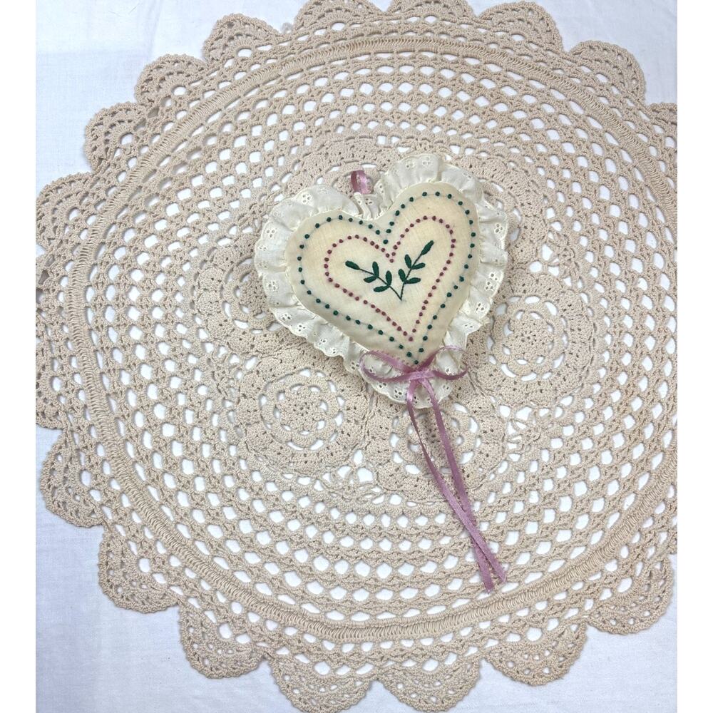 Vintage Fabric Heart Ornament / Pincushion with Natural/Beige 20" Round Doily